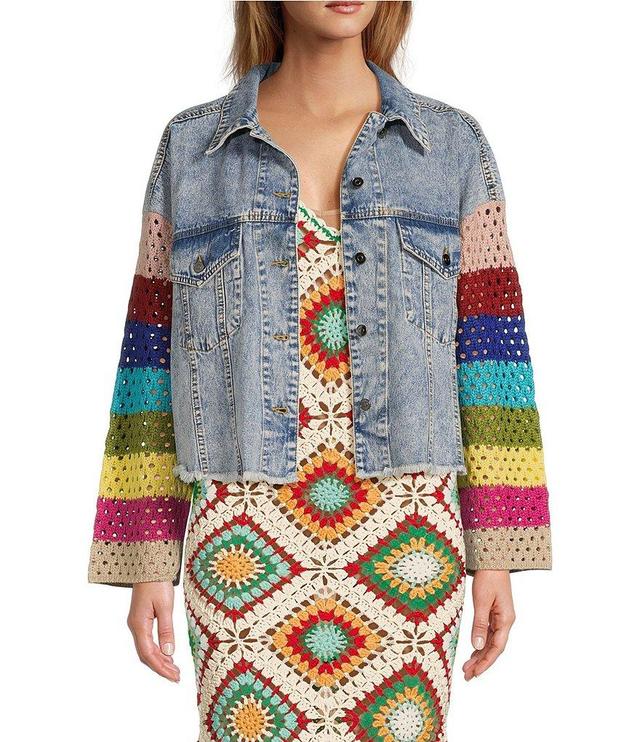 ELAN Mixed Media Crochet Long Bell Sleeve Chest Pocket Cropped Denim Jacket Product Image