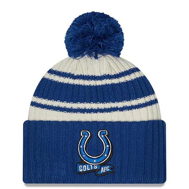 Mens New Era Cream/Royal Indianapolis Colts 2022 Sideline Sport Cuffed Pom Knit Hat Product Image