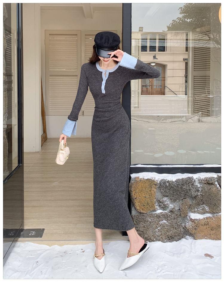 Long-Sleeve Crew Neck Contrast Trim Ruched Half-Buttoned Maxi Sheath Knit Dress Product Image