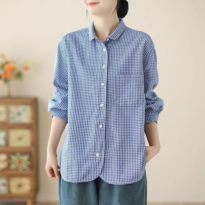 Long Sleeve Collared Plaid Button Down Shirt Product Image