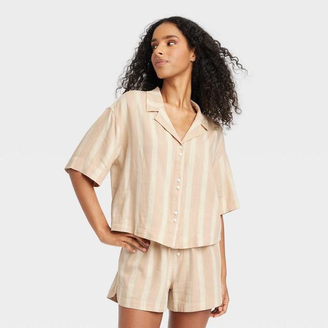 Womens Striped Linen Blend Button-Up Pajama Top - Stars Above Tan XL Product Image