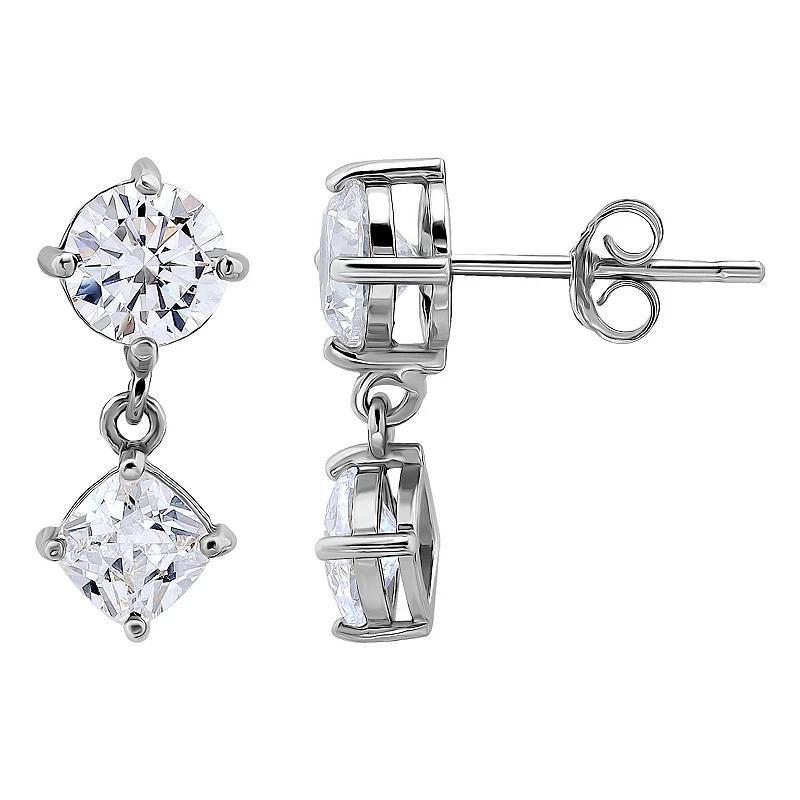 Aleure Precioso Sterling Silver Cubic Zirconia Cushion Cut Double Drop Earrings, Womens Product Image