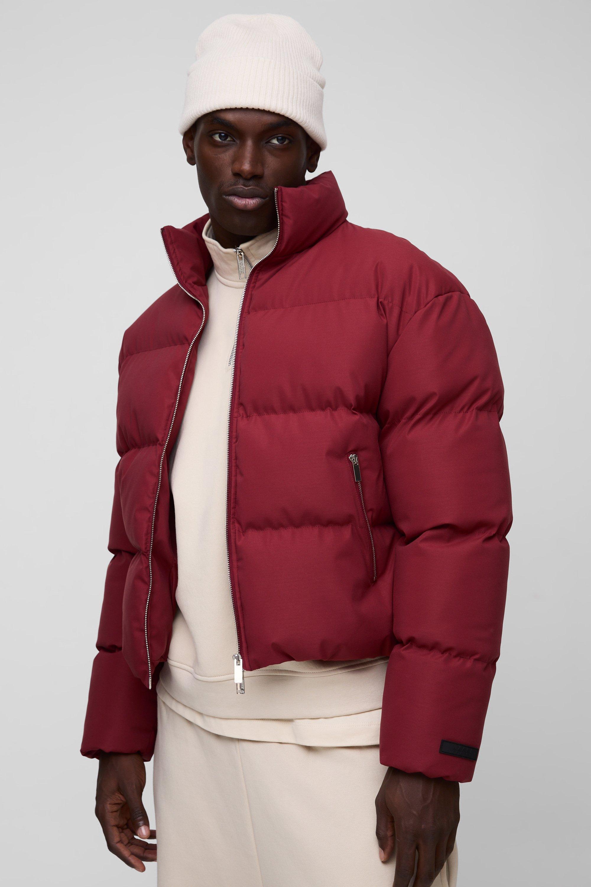 Man Boxy Fit Funnel Neck Puffer Coat In Red | boohooMAN USA Product Image