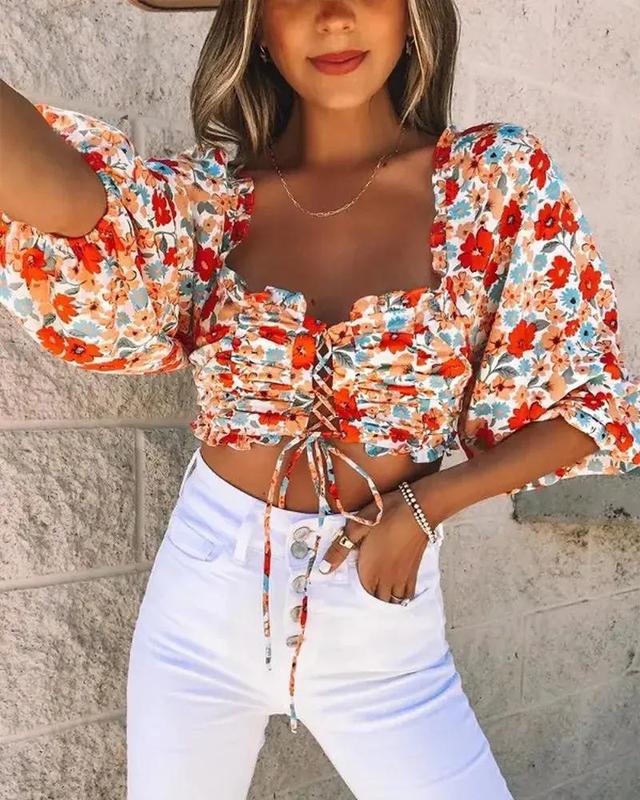 Olivia Mark – Floral Print Ruffle Hem Lace Up Crop Top Product Image