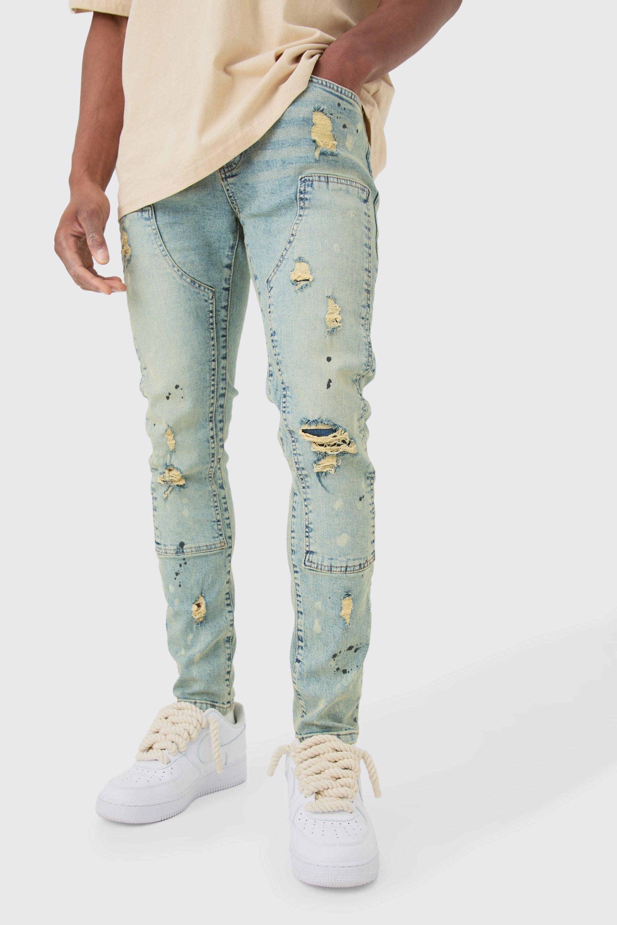 Skinny Stretch Ripped Carpenter Jeans In Antique Blue | boohooMAN USA product image