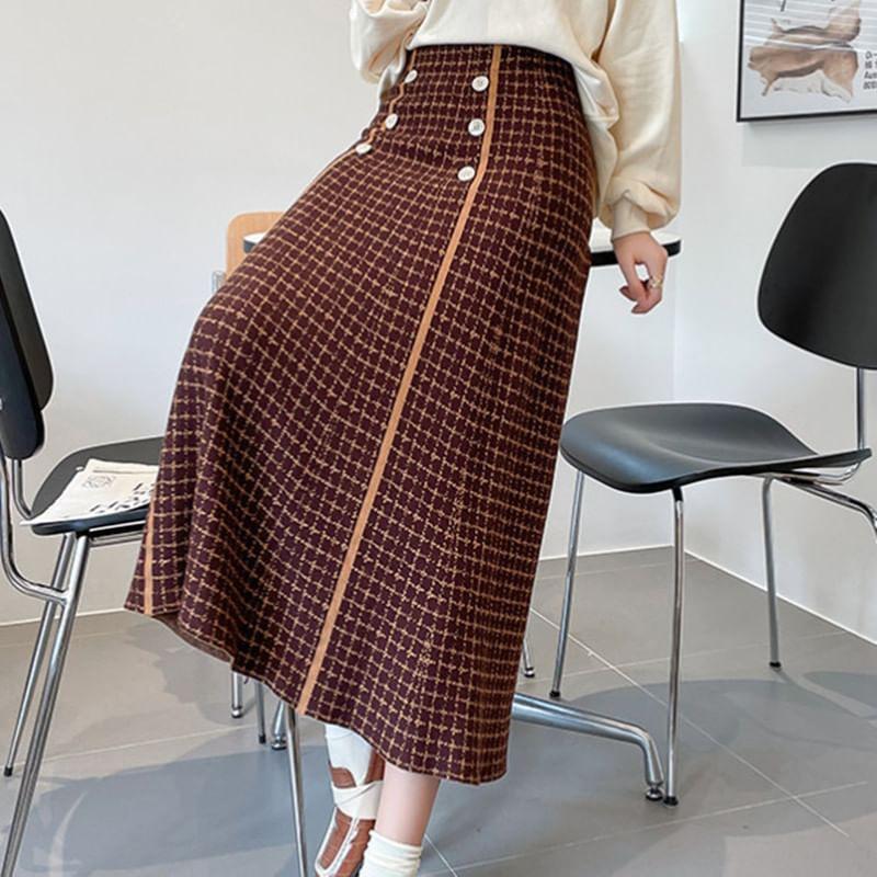 High Waist Plaid Double-Breasted Midi A-Line Knit Skirt Product Image