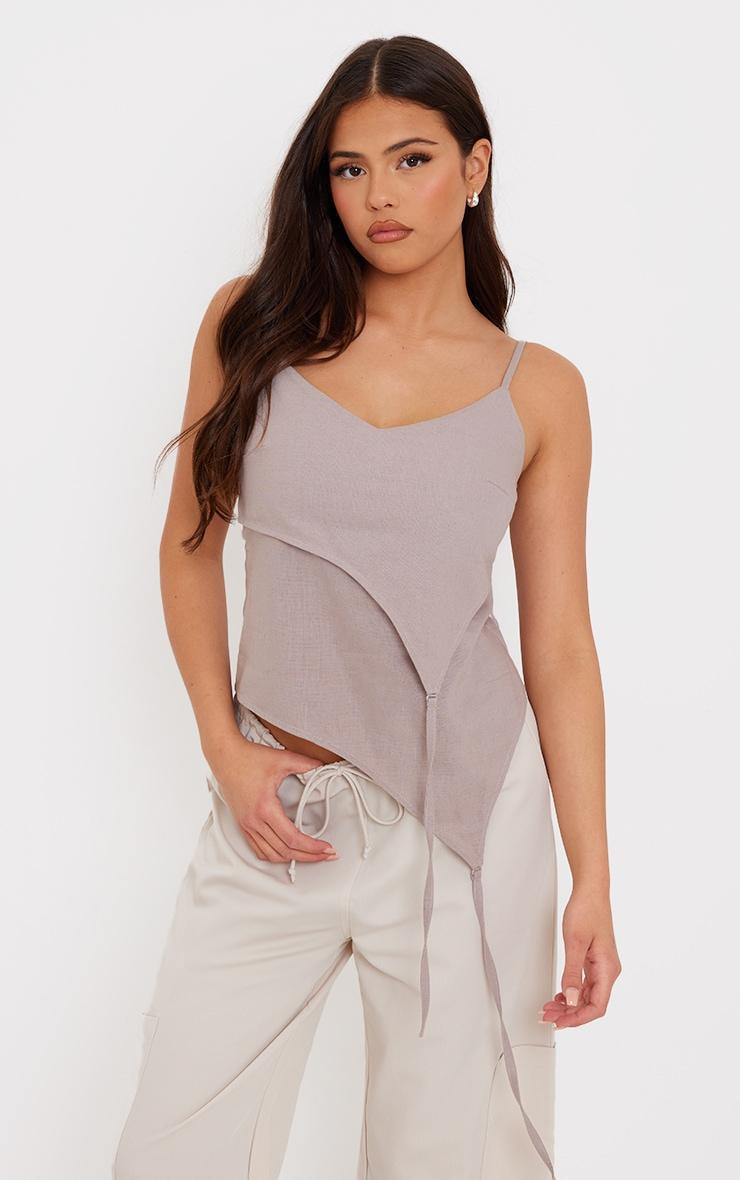 Taupe Linen Asymmetric Strappy Detail Cami Top product image