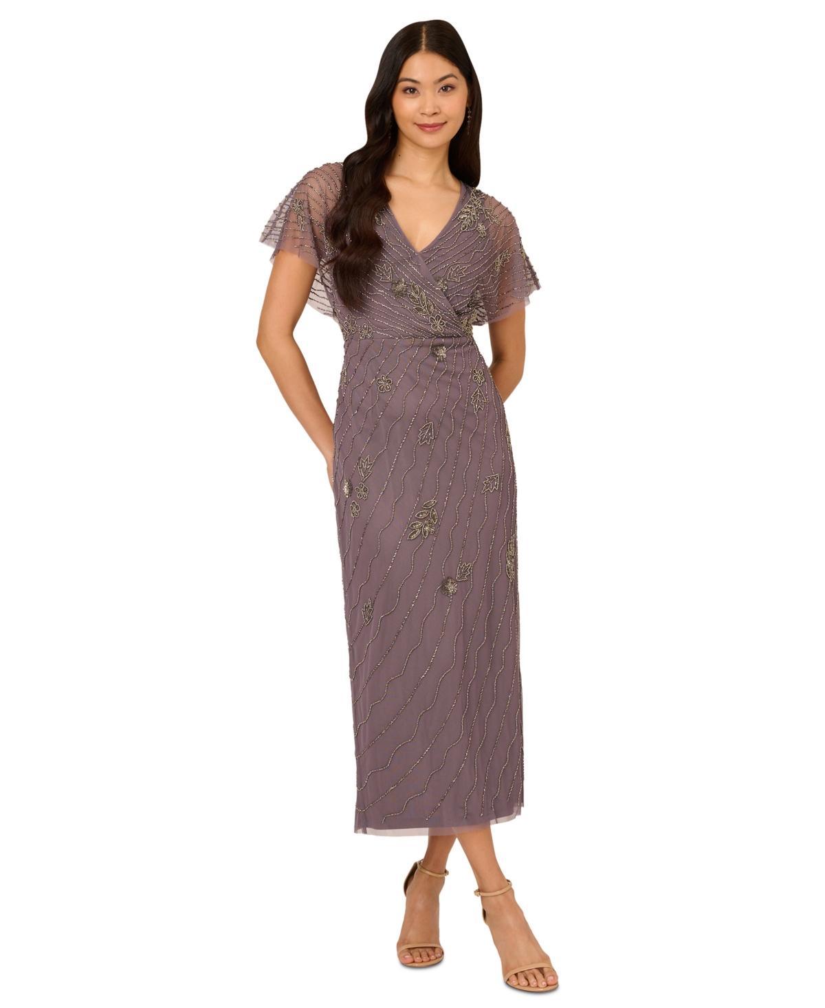 Adrianna Papell Womens Beaded Flutter-Sleeve Gown Product Image