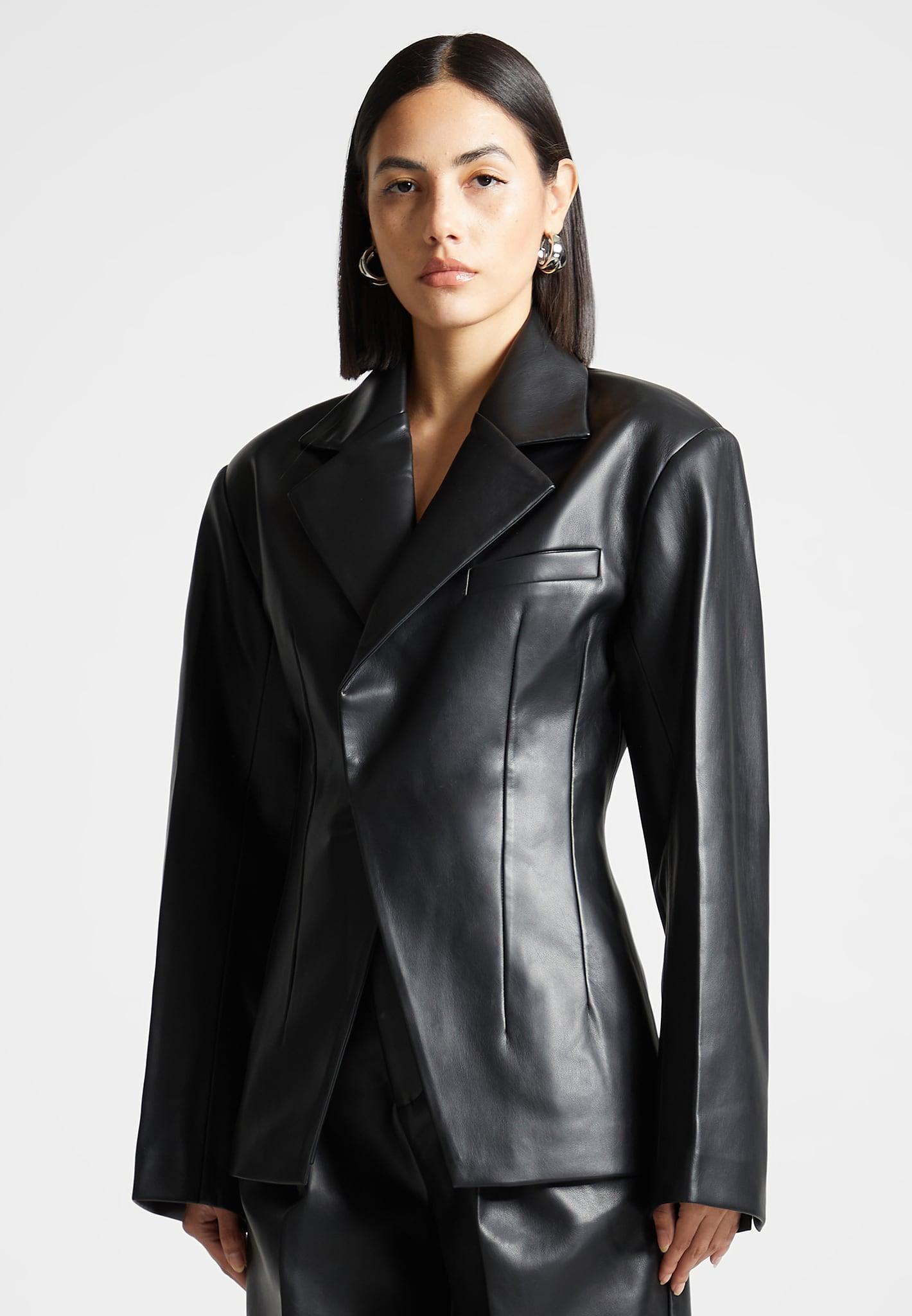 Vegan Leather Double Breasted Blazer - Black Female Product Image