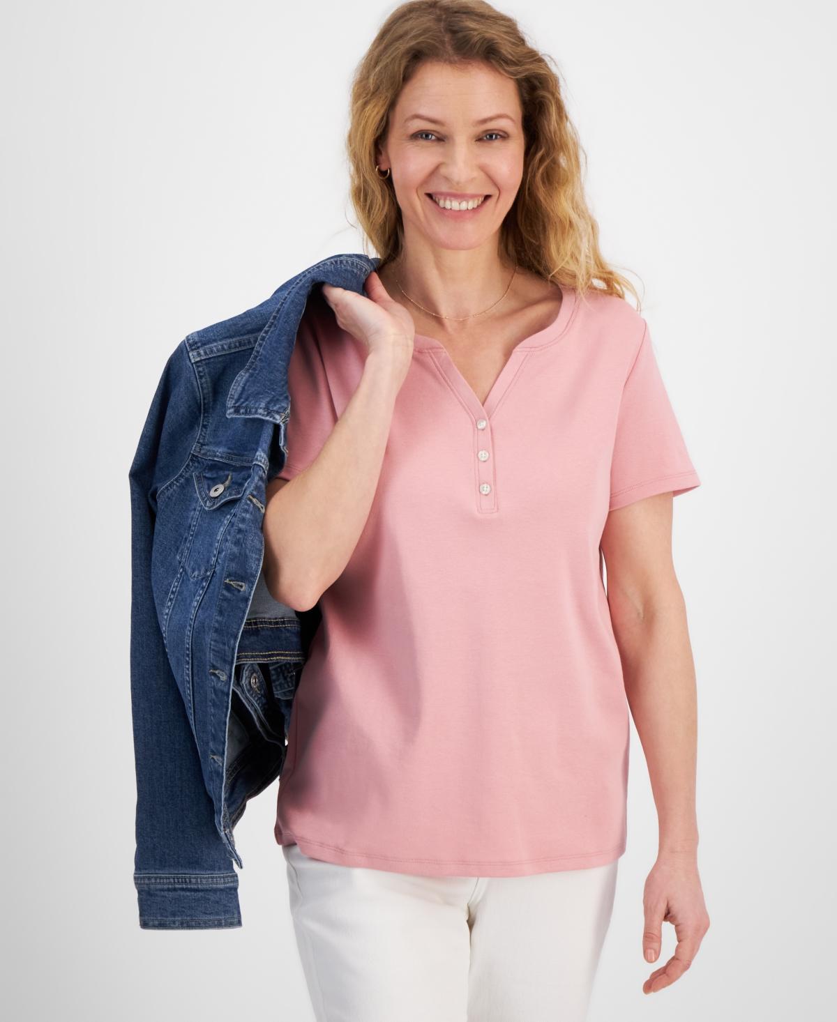 Women's Short-Sleeve Cotton Henley Top, Created for Macy's Product Image