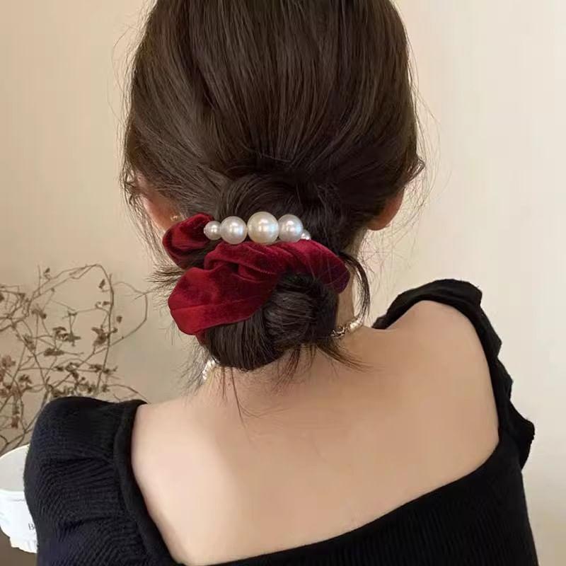 Velvet Faux Pearl Scrunchie Product Image