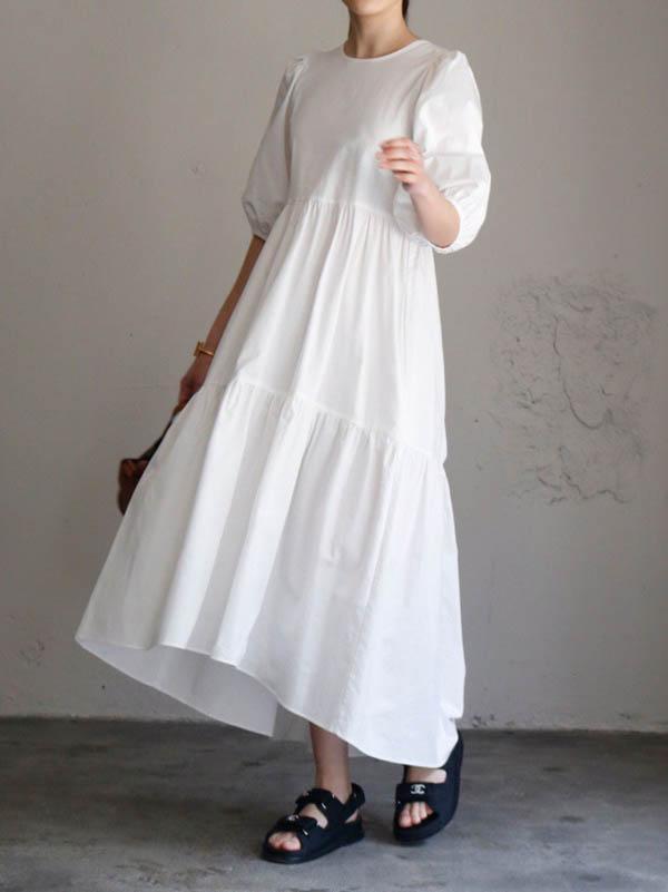 Half Sleeves Puff Sleeves Breathable See-Through Solid Color Round-Neck Midi Dresses product image