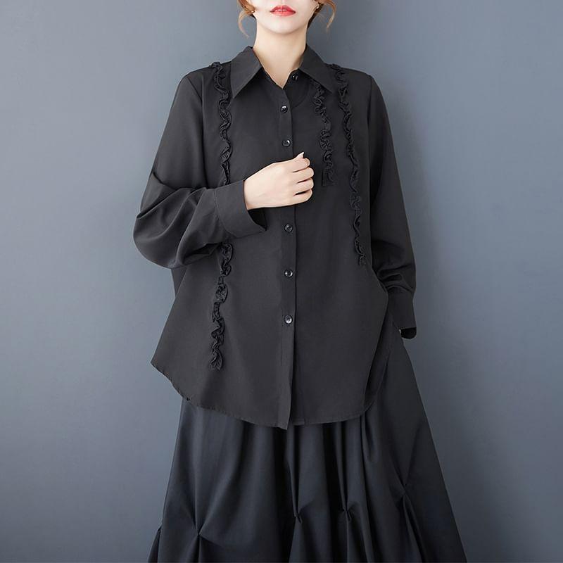 Long Sleeve Ruffle Trim Button Up Shirt Product Image