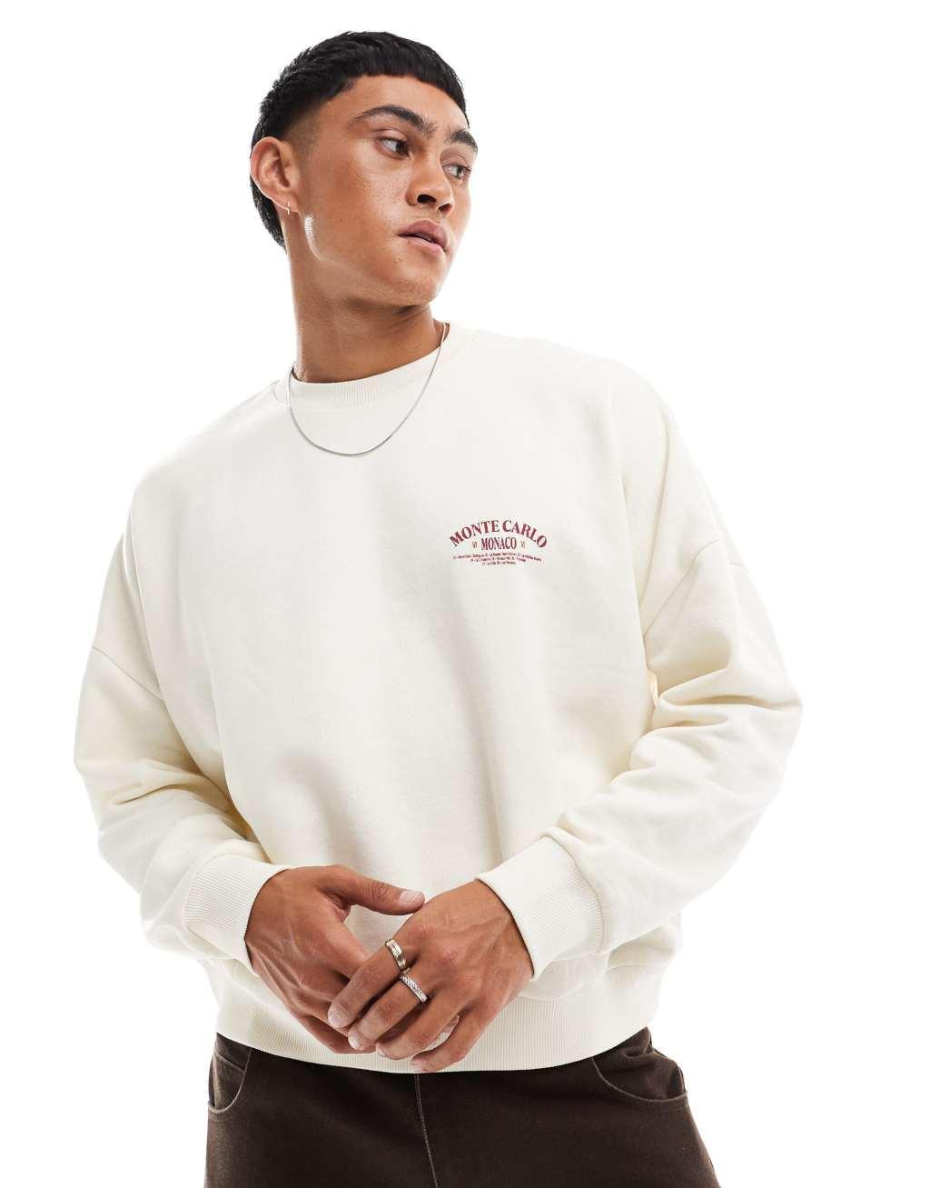 ASOS DESIGN boxy oversized dropped shoulder sweatshirt with chest print in cream Product Image