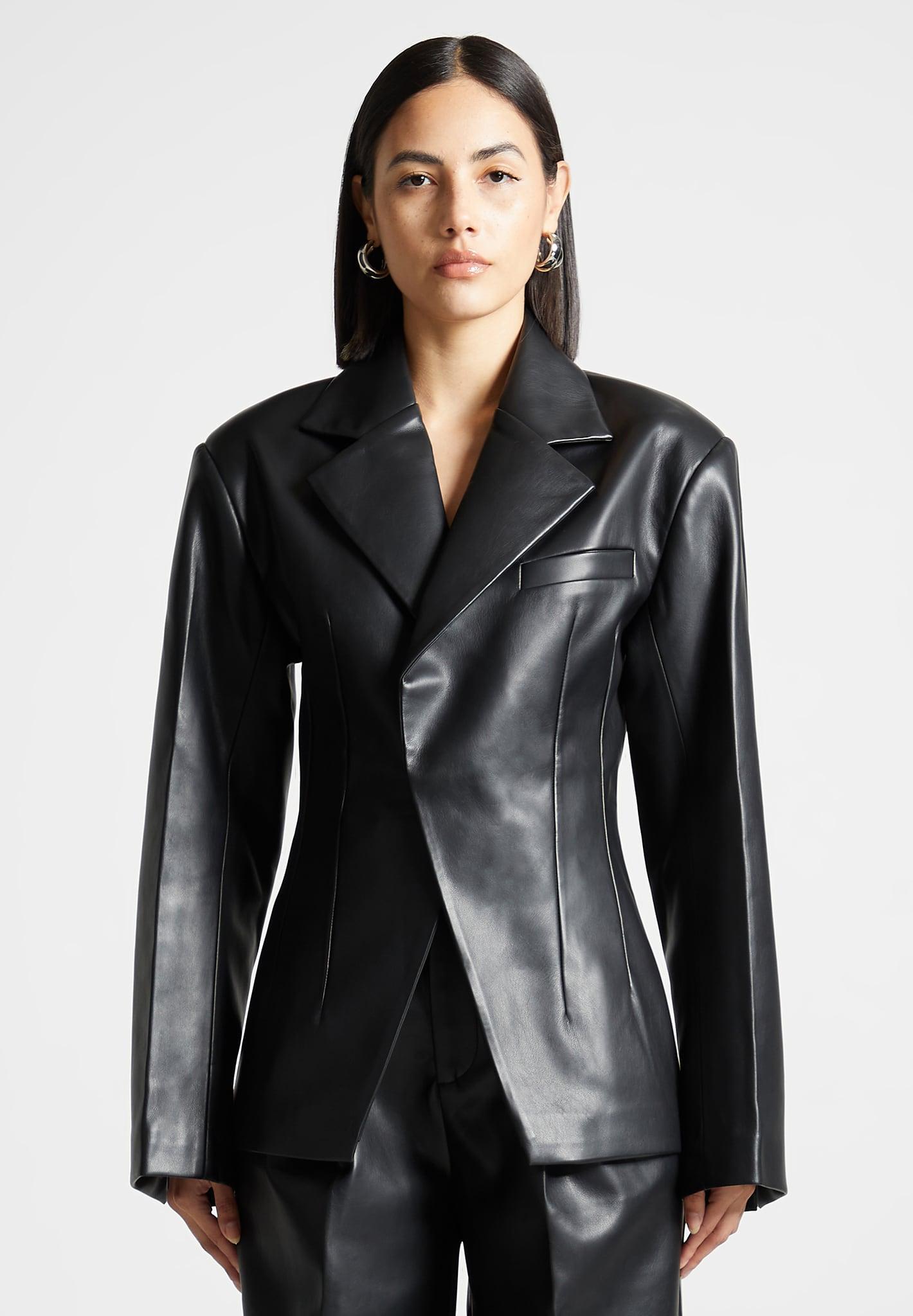 Vegan Leather Double Breasted Blazer - Black Female Product Image