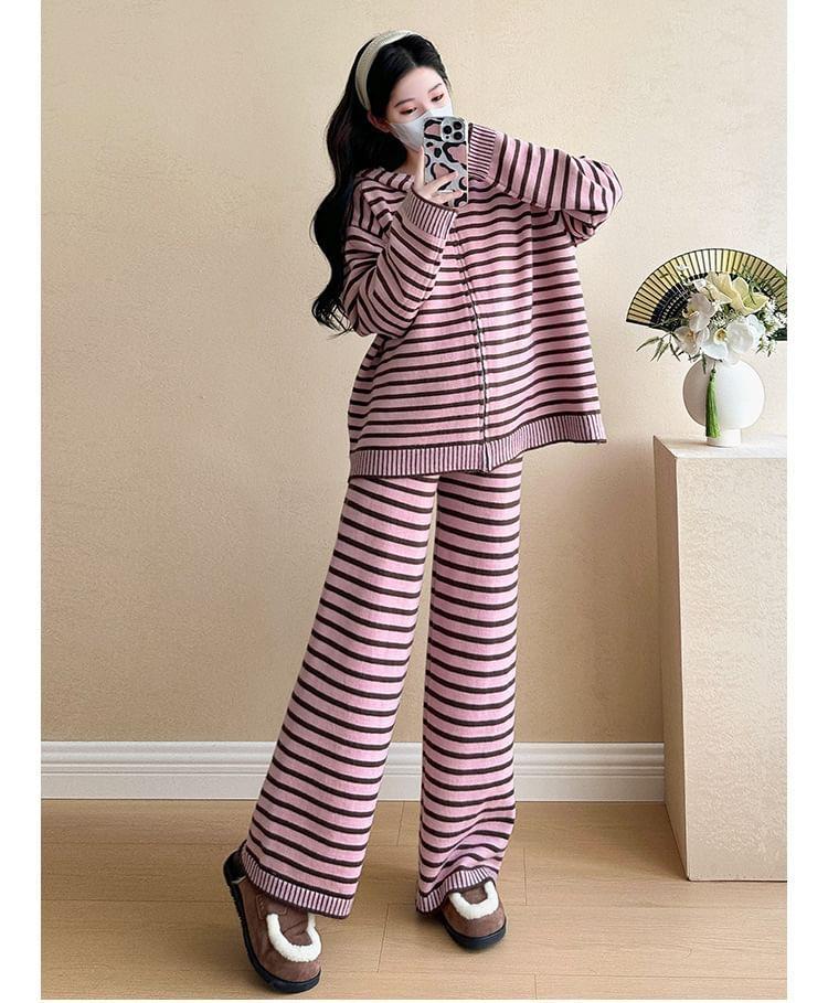 Maternity Set: Striped Zip-Up Knit Hoodie + High Rise Wide Leg Pants Product Image