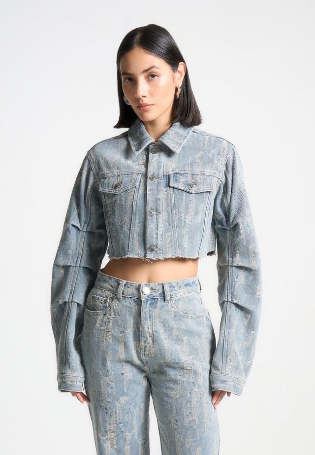 Cropped Distressed Denim Jacket - Mid-Blue Female Product Image