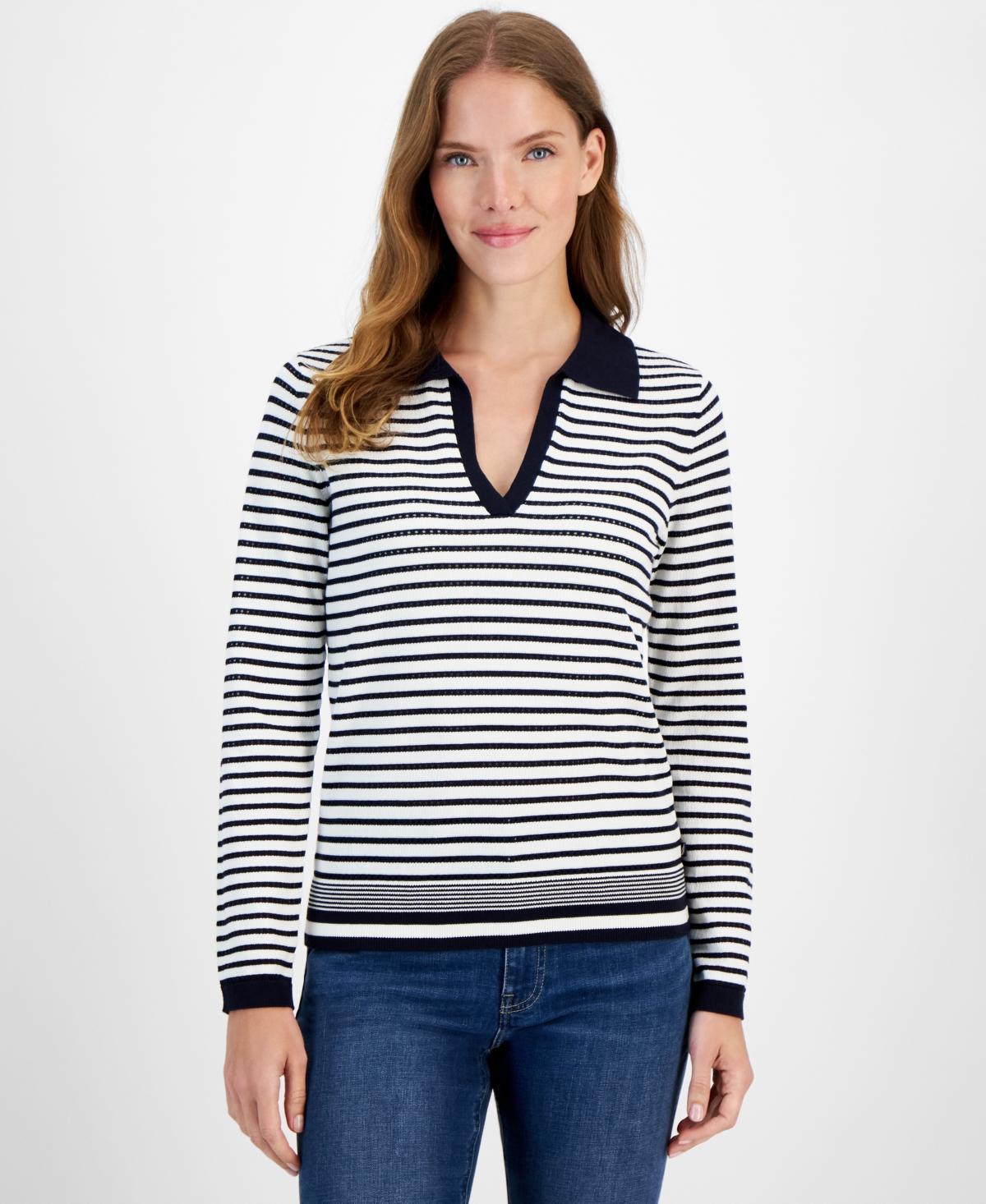 Nautica Jeans Womens Striped Johnny Collar Long-Sleeve Sweater - Nigh Sky product image