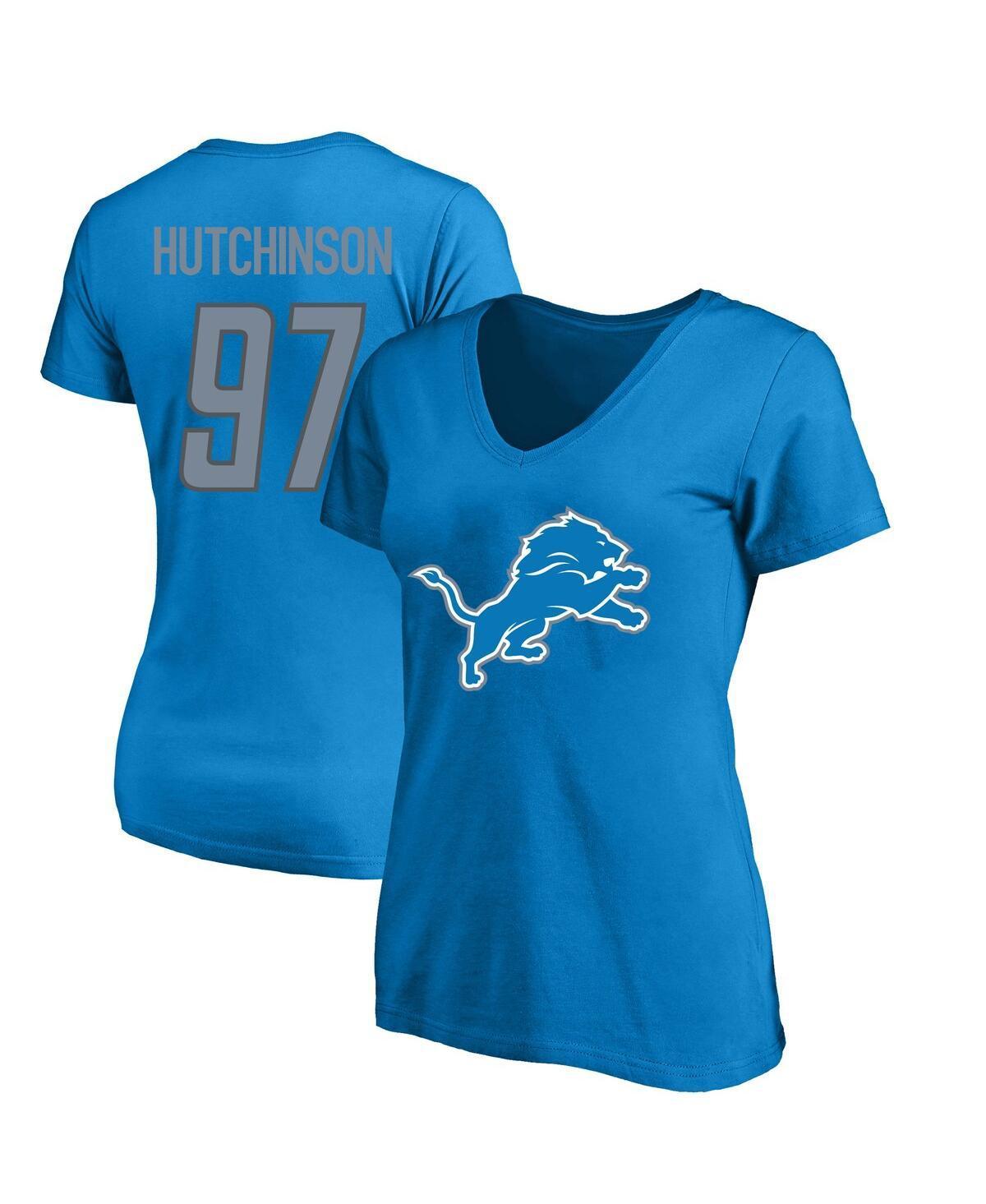 Womens Fanatics Aidan Hutchinson Blue Detroit Lions Plus Size Player Name and Number V-Neck T-shirt Product Image