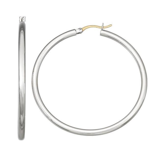 Sterling Silver Large Tube Hoop Earrings with 14K Gold Hinge and Bar, Womens Product Image