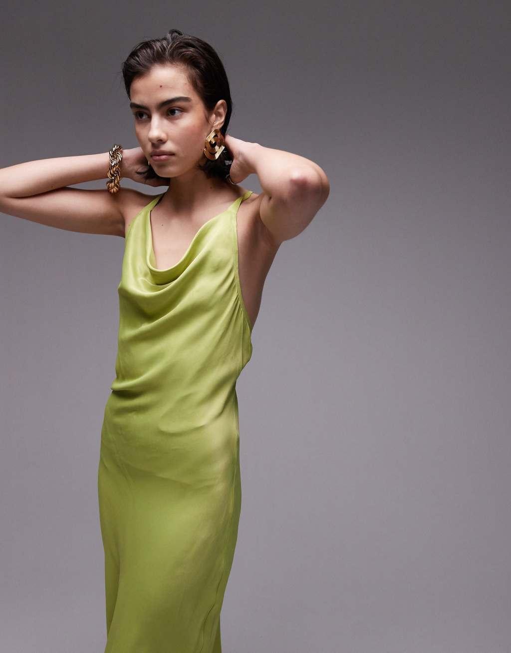 Topshop high cowl neck maxi dress in apple green Product Image