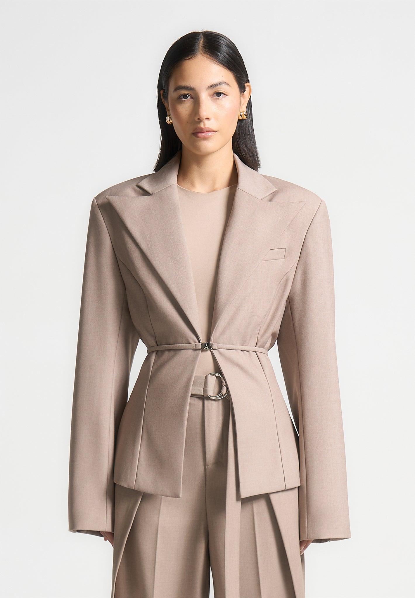 Wide Shoulder Tailored Blazer with Twin Belt - Taupe Female Product Image