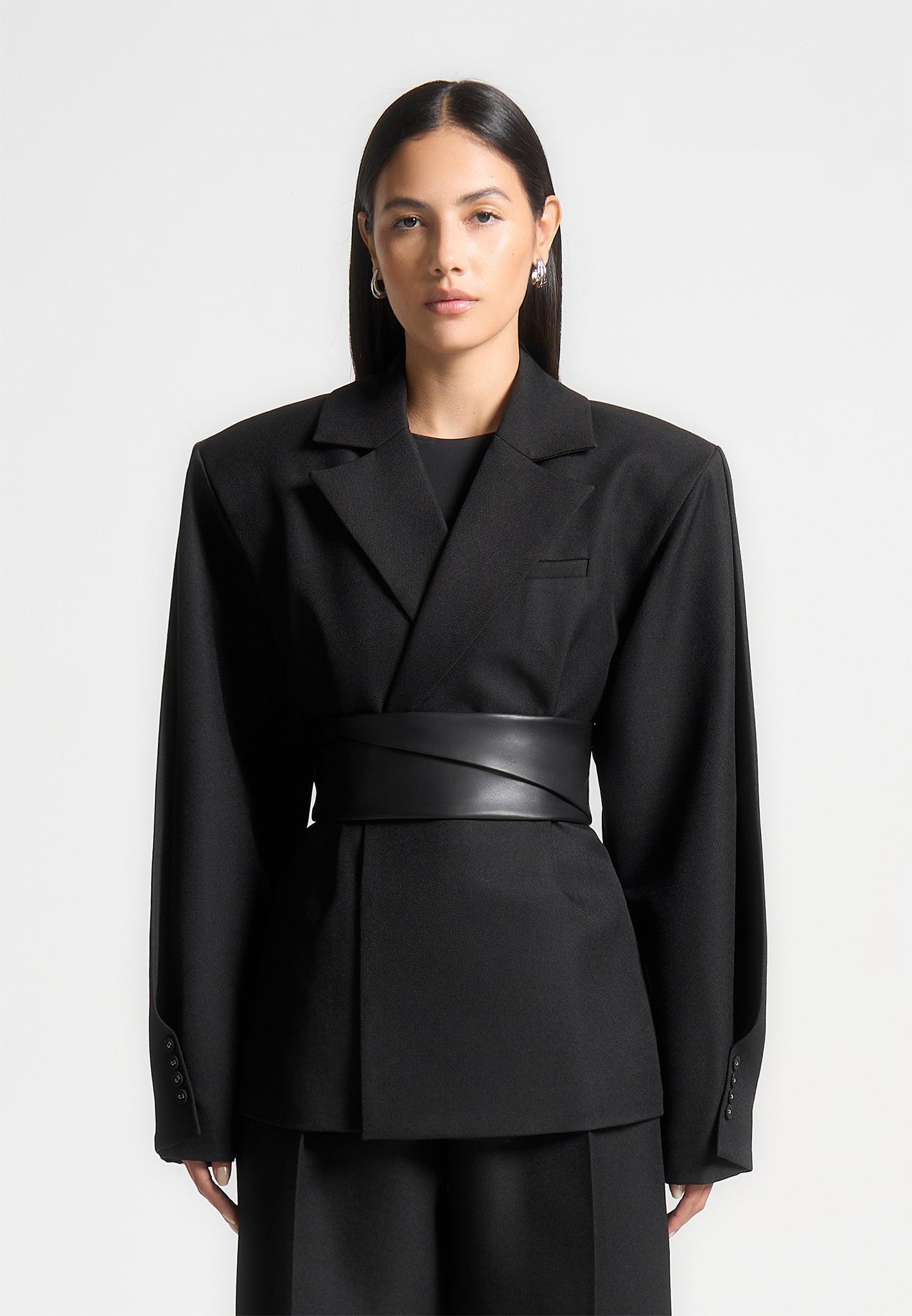 Twist Sleeve Tailored Blazer with Belt - Black Female Product Image