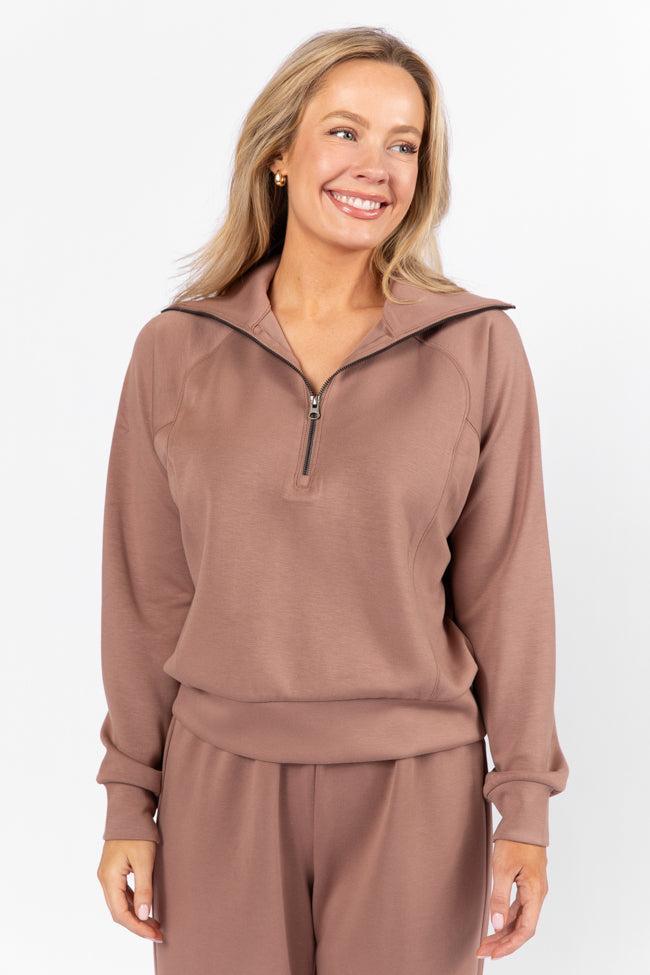 Let's Just Stay Mocha Quarter Zip Knit Pullover Product Image