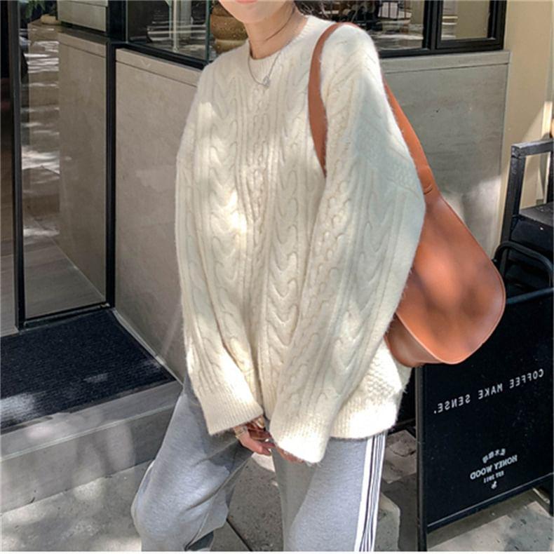 Round Neck Plain Cable-Knit Sweater Product Image