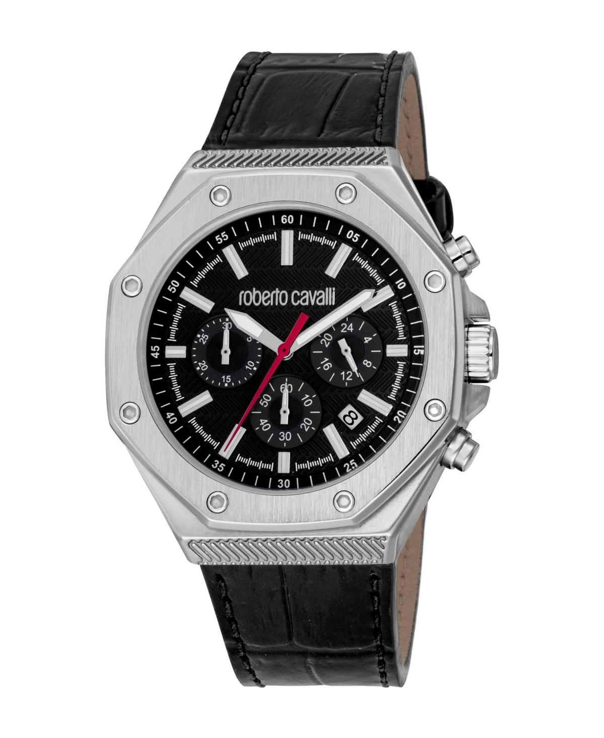 Roberto Cavalli Mens Quartz Black Leather Watch 43mm - Silver Product Image