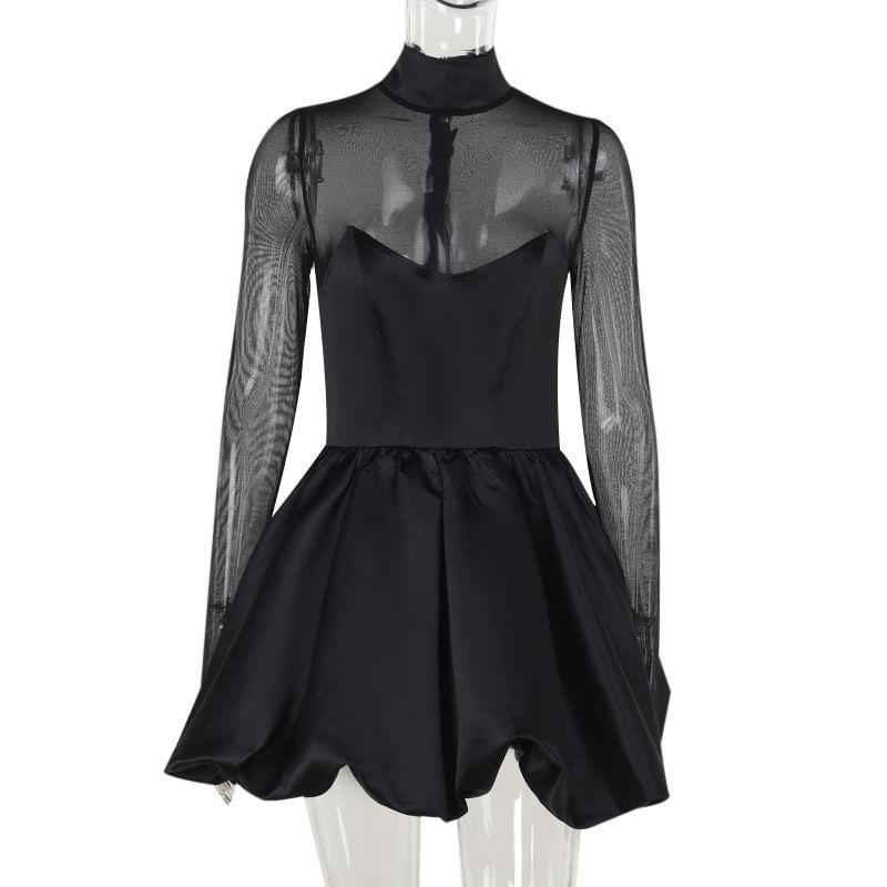 Long-Sleeve mock Neck Plain Mesh Panel Mini A-Line Dress Product Image