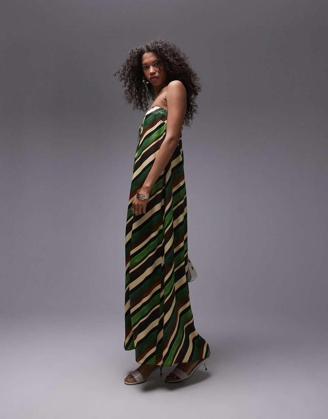 Topshop satin maxi bandeau in green stripe print Product Image