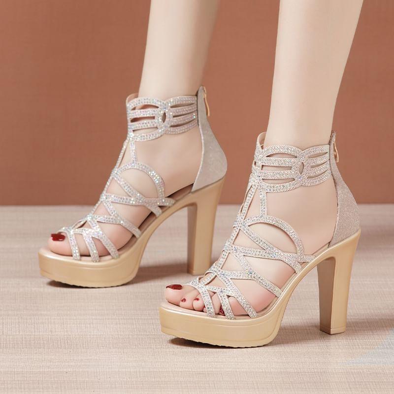 Chunky Heel Rhinestone Accent Perforated Sandals Product Image