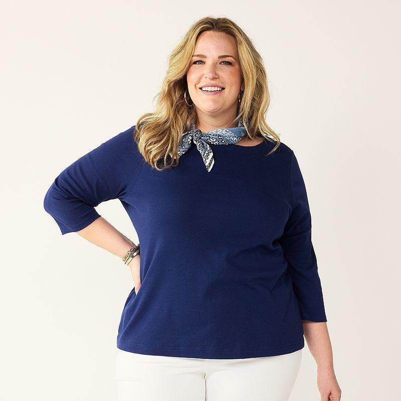 Plus Size Croft & Barrow Boatneck Top, Womens Dark Blue Product Image