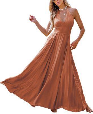 Cupshe Womens Brick Red Plunging Halterneck Cutout Maxi Beach Dress Product Image