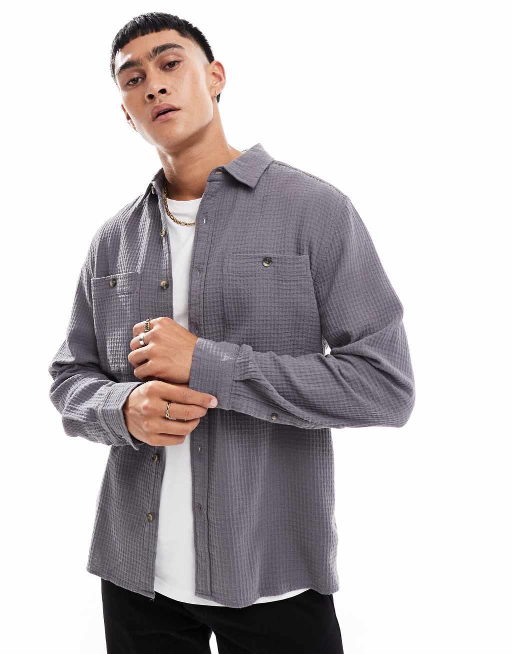 ASOS DESIGN overshirt in waffle in charcoal Product Image