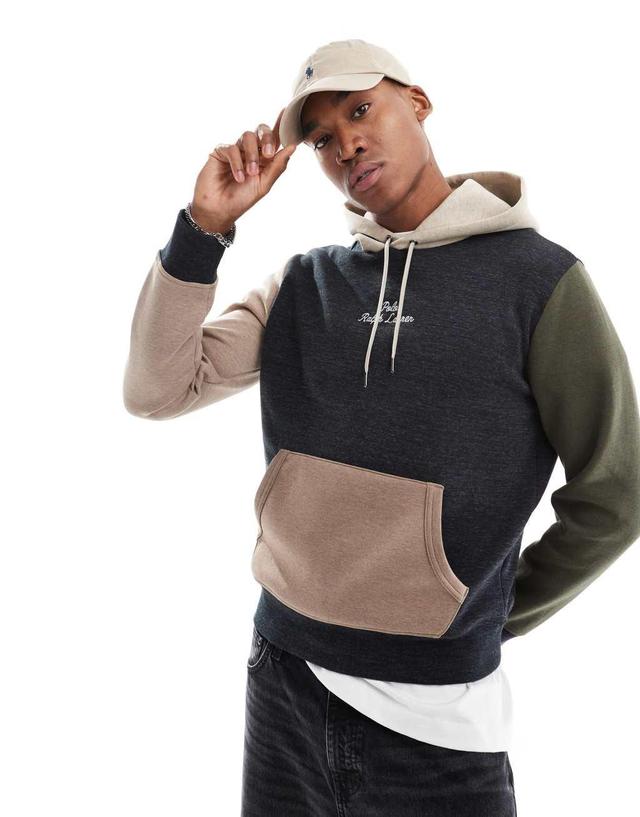 Polo Ralph Lauren central script logo color block double knit hoodie in black heather multi Product Image