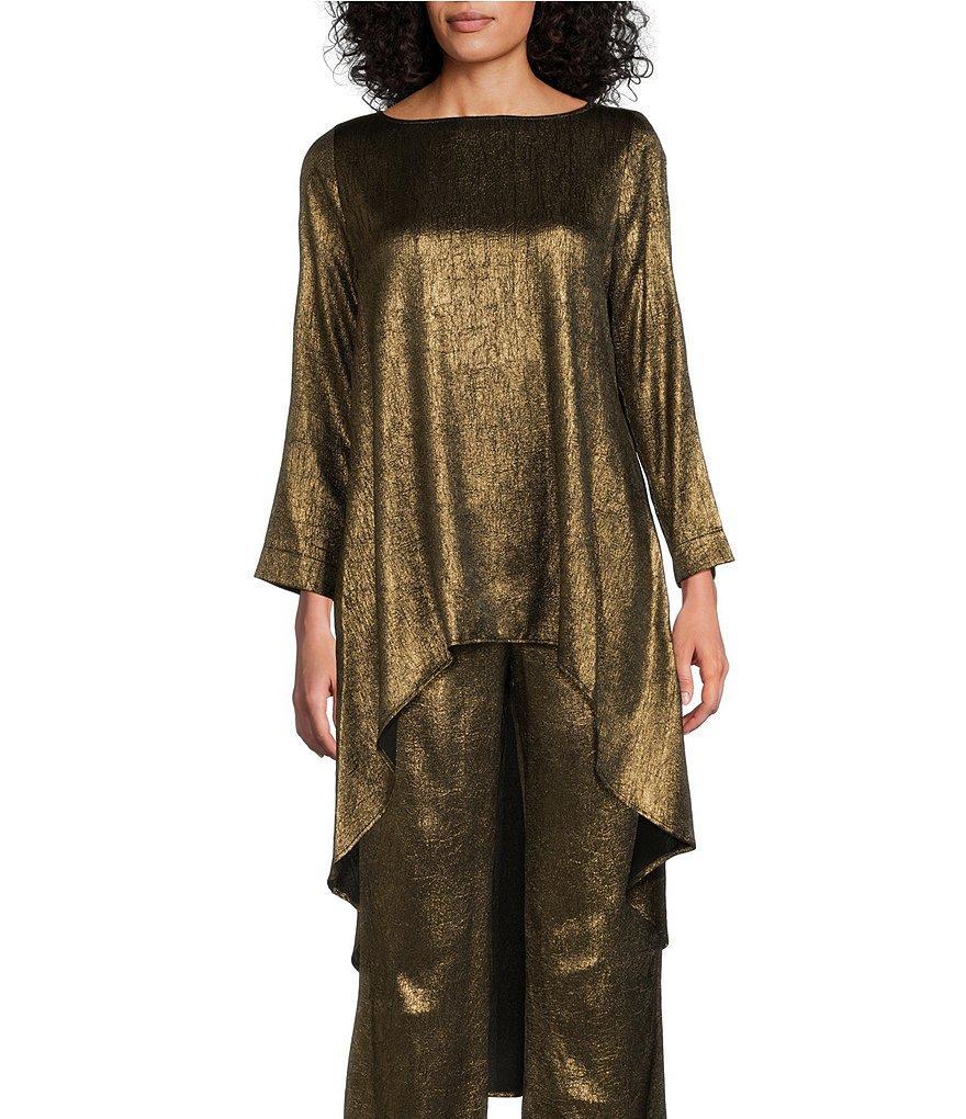 IC Collection Woven Metallic Boat Neck High-Low Hem Self Scarf Tunic Product Image