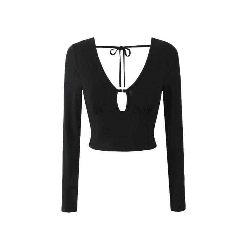 Long Sleeve V-Neck Plain Tie Back Crop Top Product Image