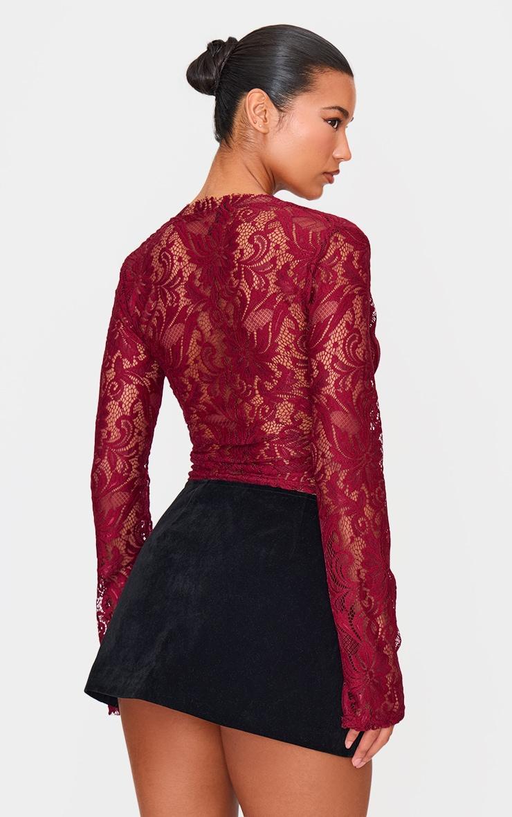 Burgundy Lace Plunge Flared Sleeve Long Top Product Image