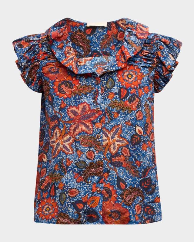 Ivette Floral-Print Ruffle Silk Top Product Image