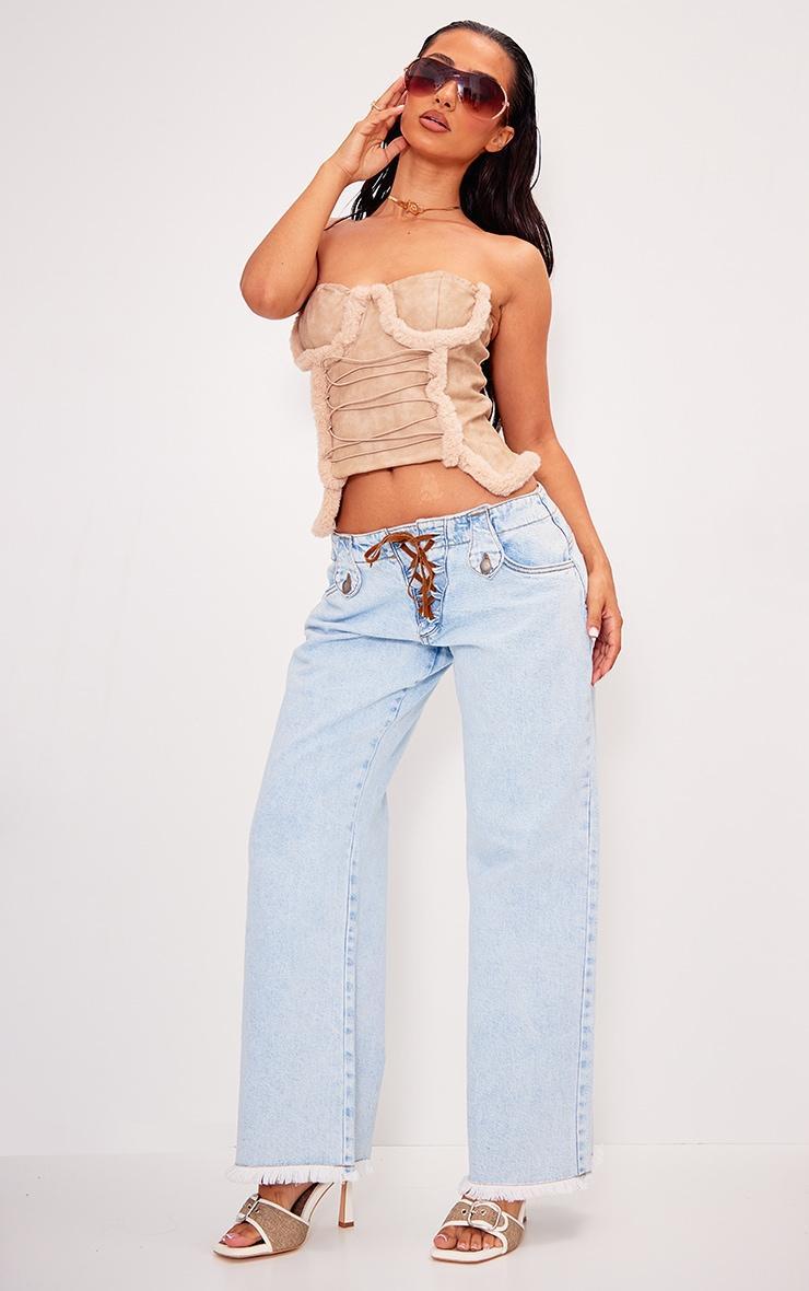 Petite Light Blue Wash Low Rise Lace Up Wide Leg Jeans Product Image