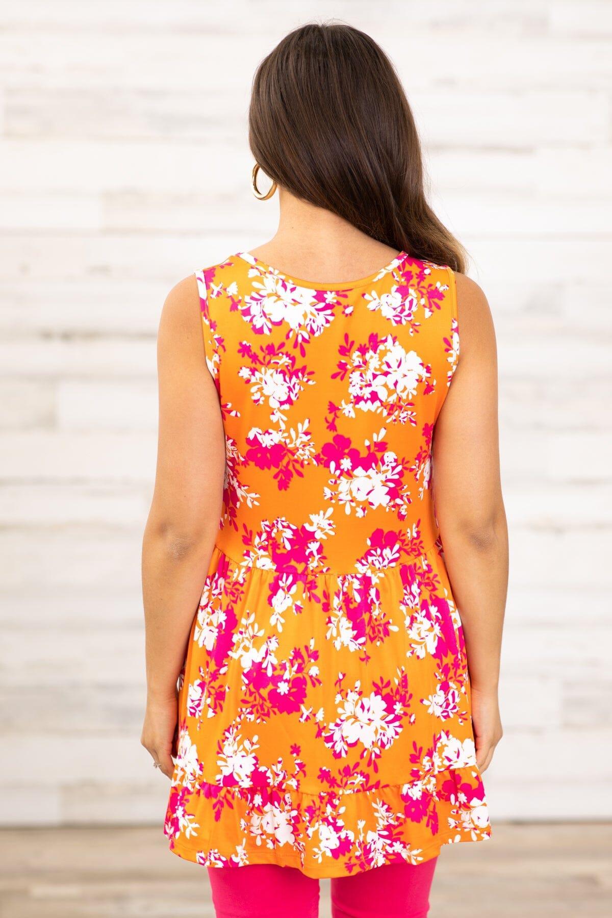 Orange and Hot Pink Floral Print Babydoll Tank Product Image