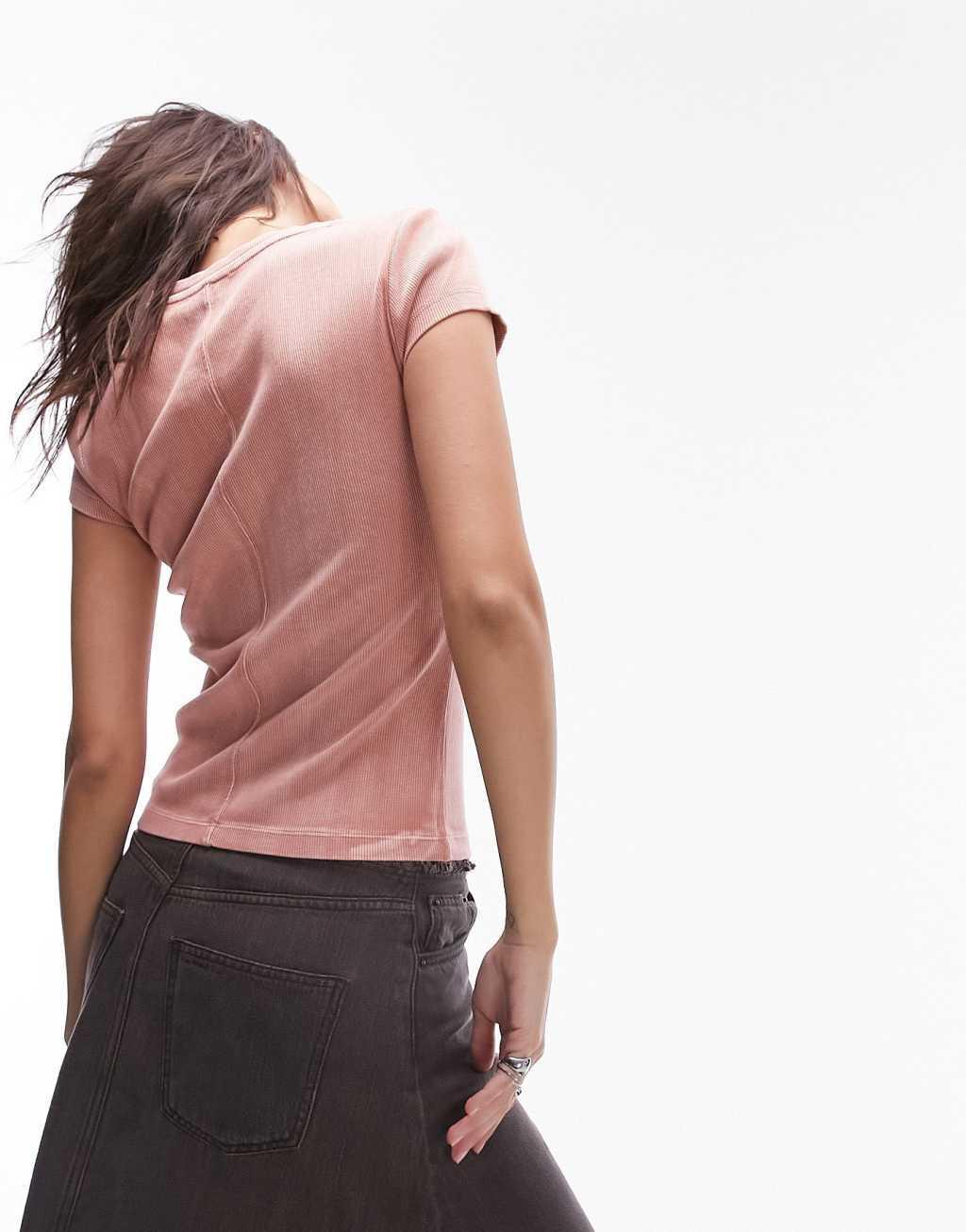 Topshop acid wash V-neck tee in pink Product Image