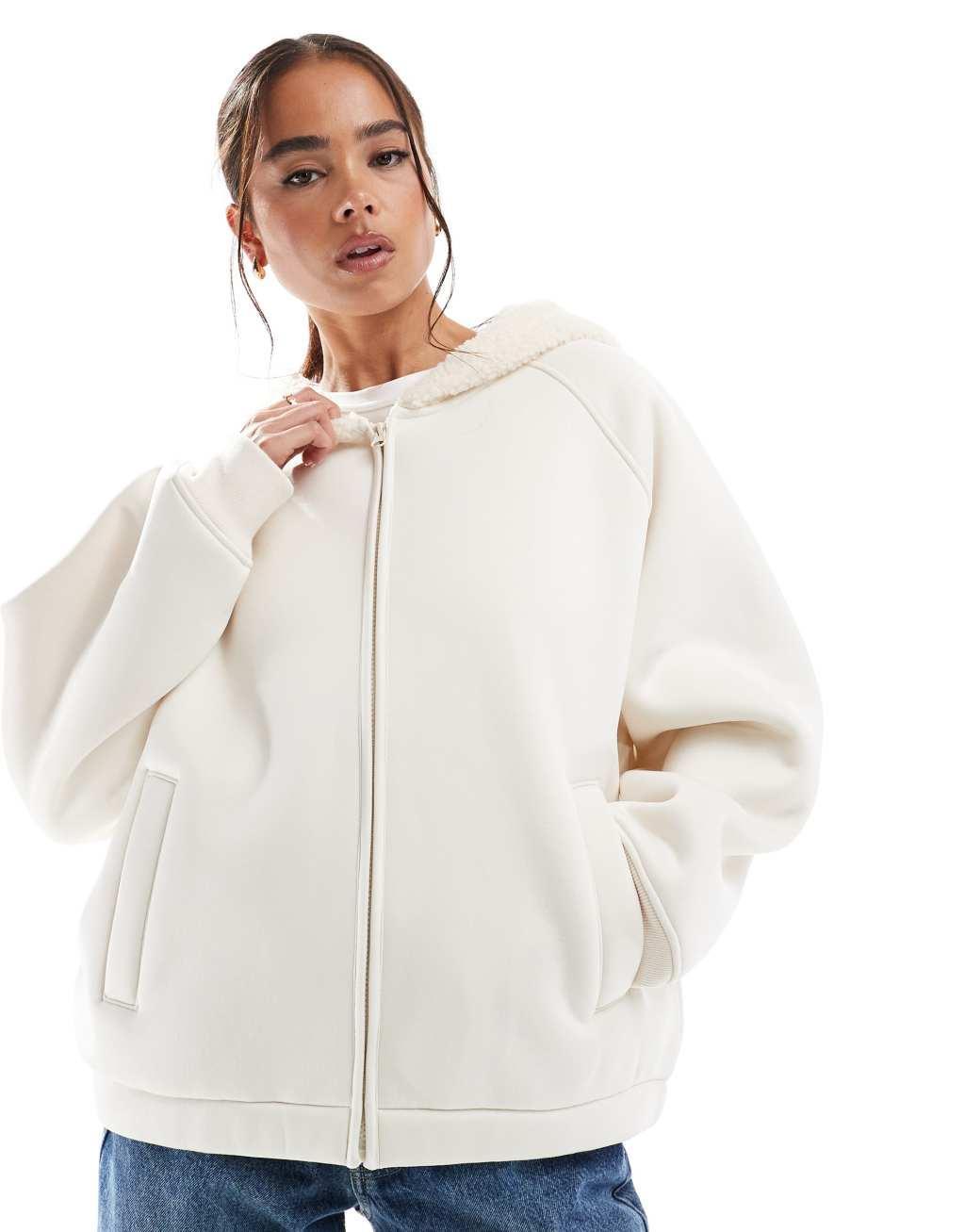 ASOS DESIGN scuba hoodie with borg hood and lining in cream Product Image