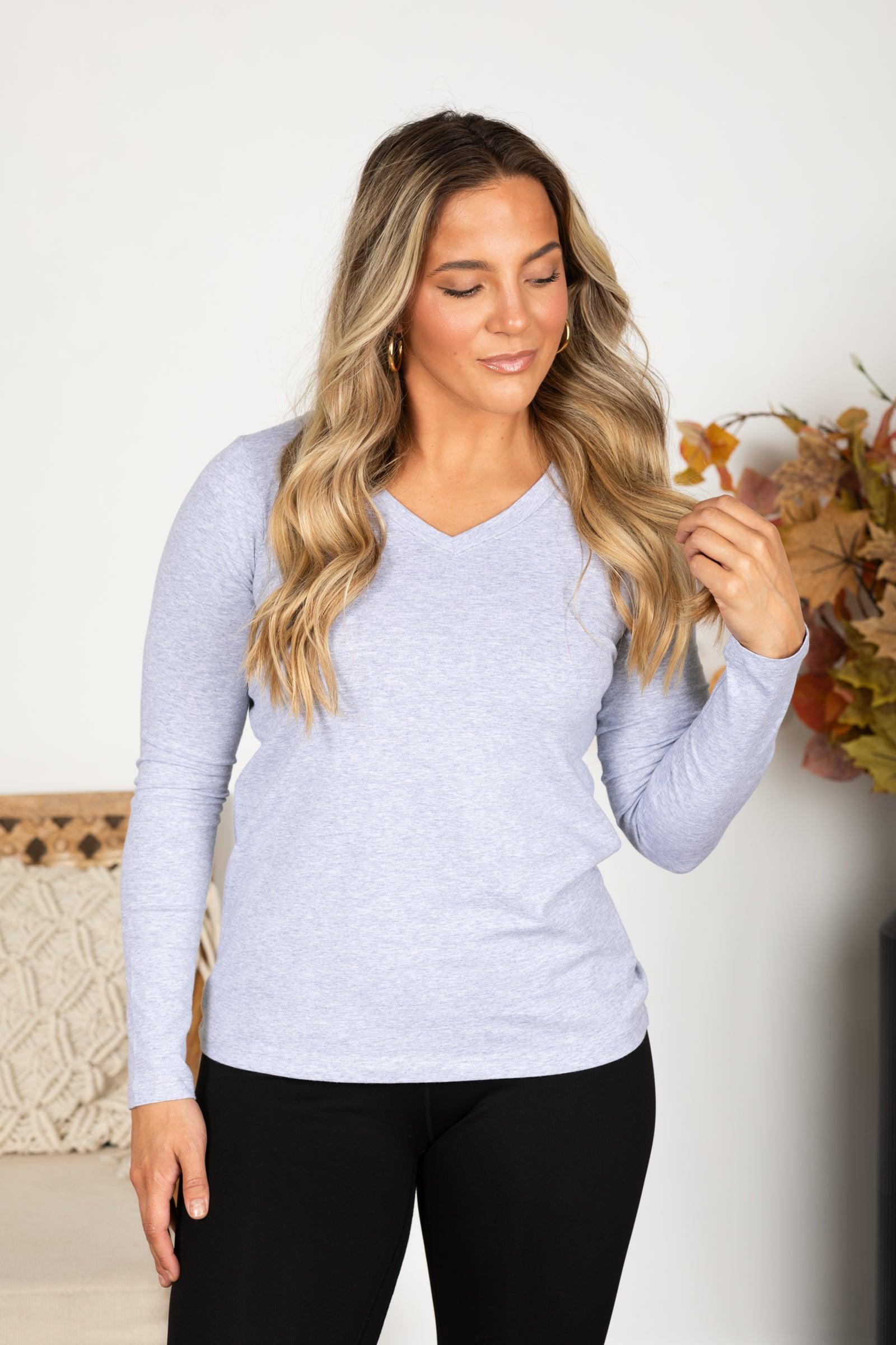 Cotton V-Neck Long Sleeve Knit Top Product Image