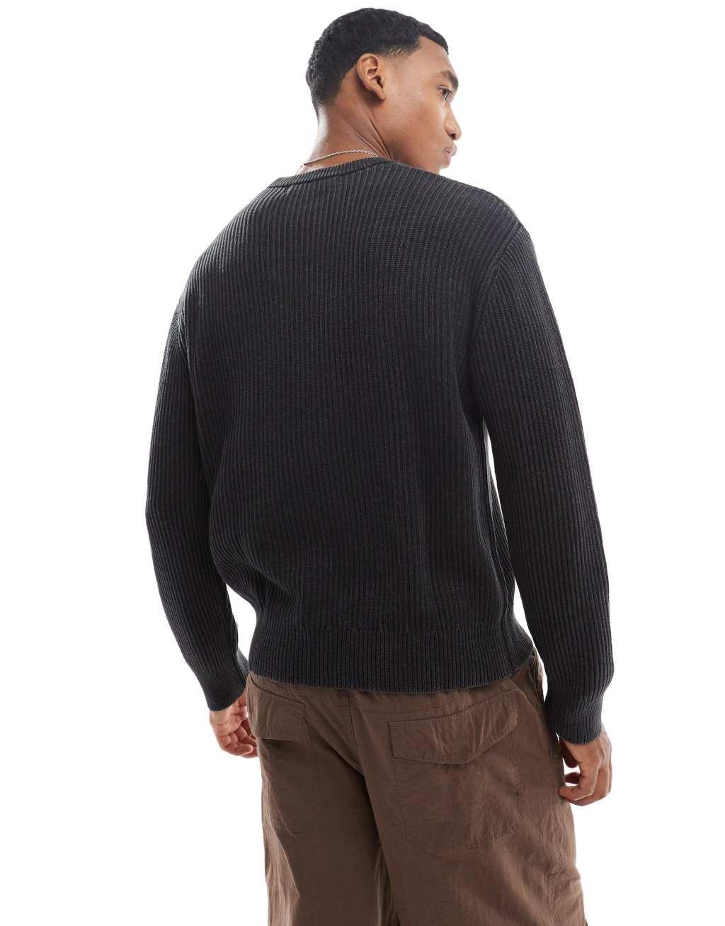 Bershka washed ribbed sweater with graphic in charcoal  Product Image