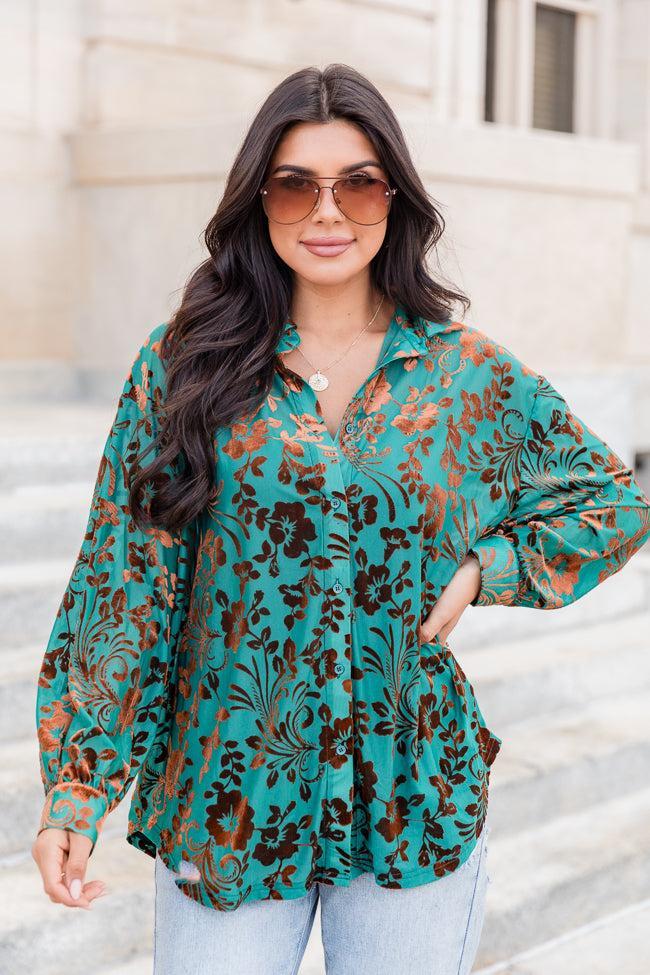 Just A Crush Teal And Brown Velvet Floral Print Button Front Blouse Product Image