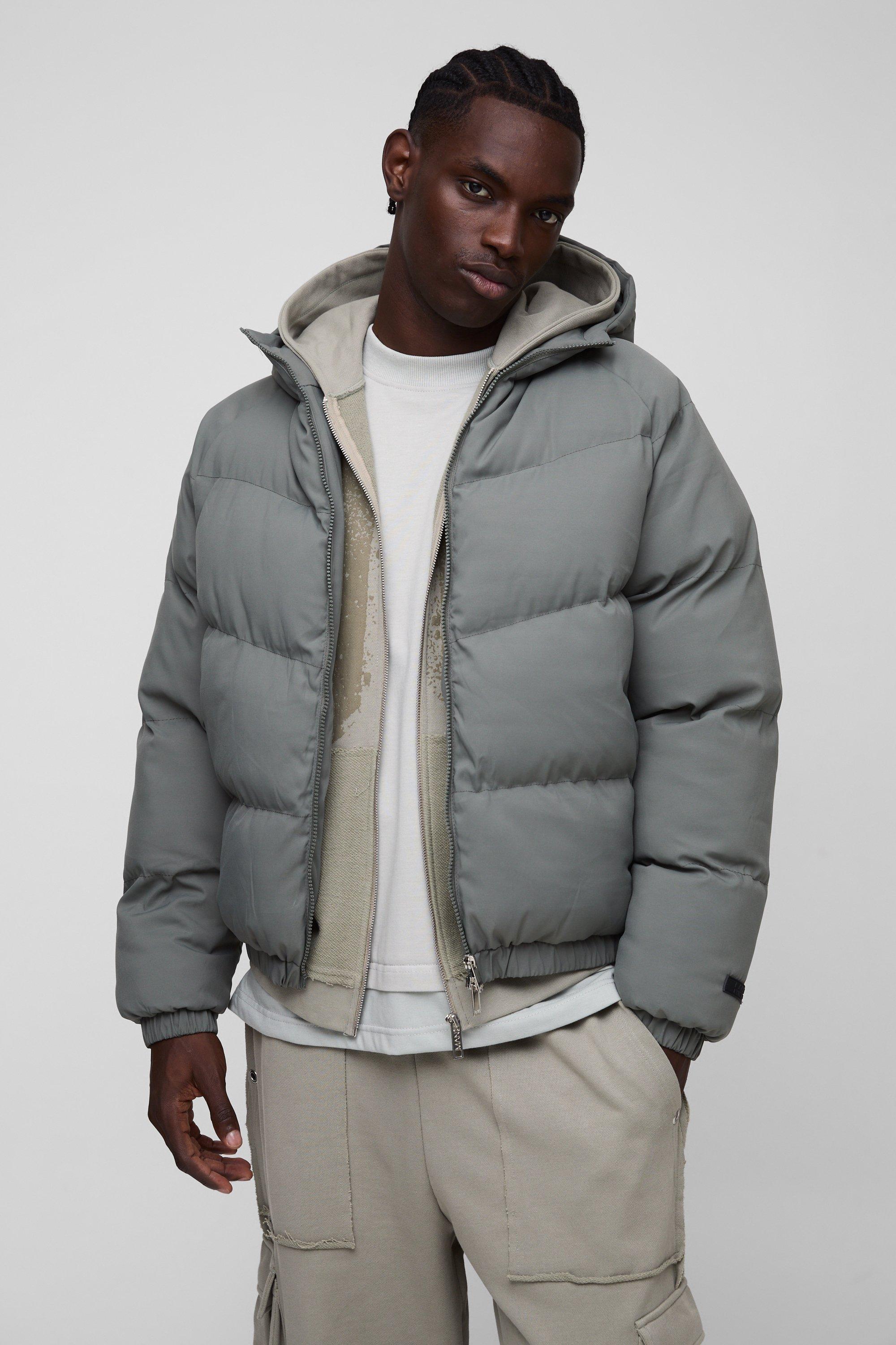 Man Regular Fit Hooded Puffer Coat In Grey | boohooMAN USA Product Image