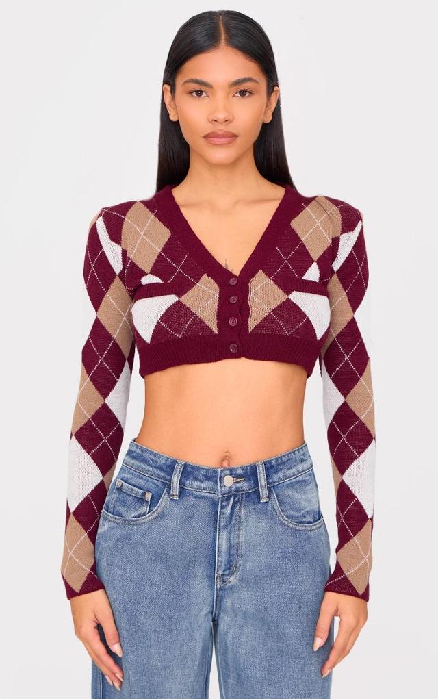 Burgundy Argyle Jacquard Knitted V Neck Cropped Cardigan Product Image